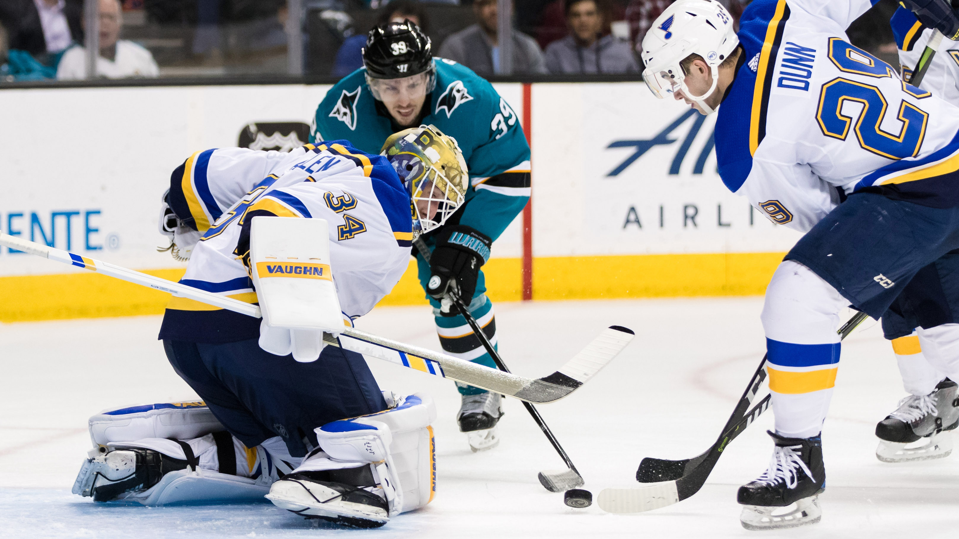 Allen's strong night spoiled as Sharks blank Blues 2-0