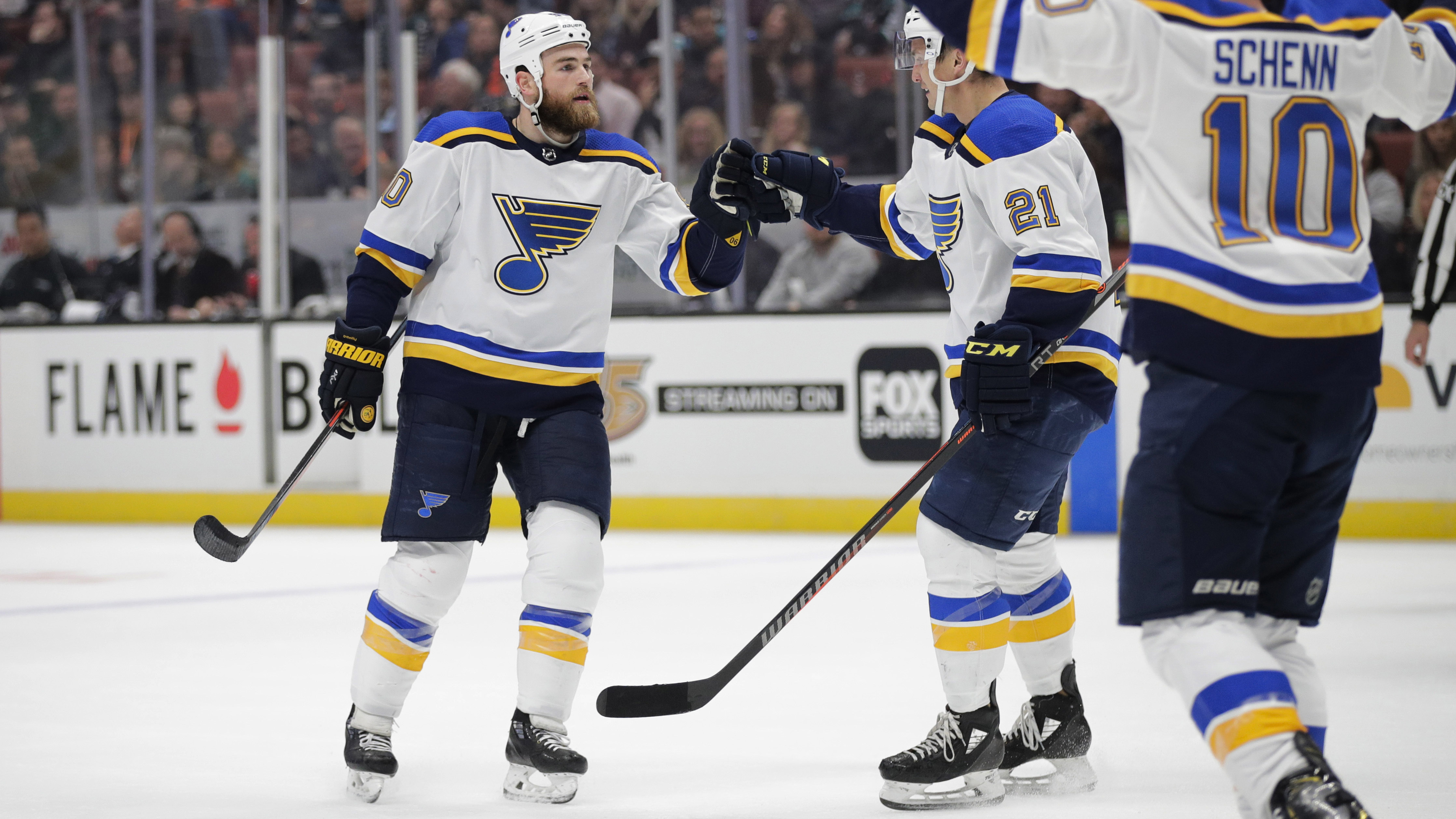 Blues score twice in 12 seconds late in the third period to top Ducks 5-4