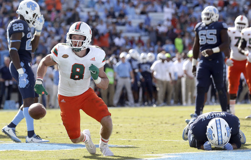 No. 8 Miami stays unbeaten, tops North Carolina 24-19 (Oct 28, 2017)