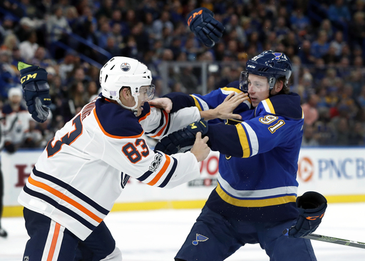 Tarasenko nets 2, gets in rare fight as Blues top Oilers 8-3