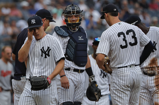 Gray chased in 3rd, Yankees flop in 7-5 loss to Orioles
