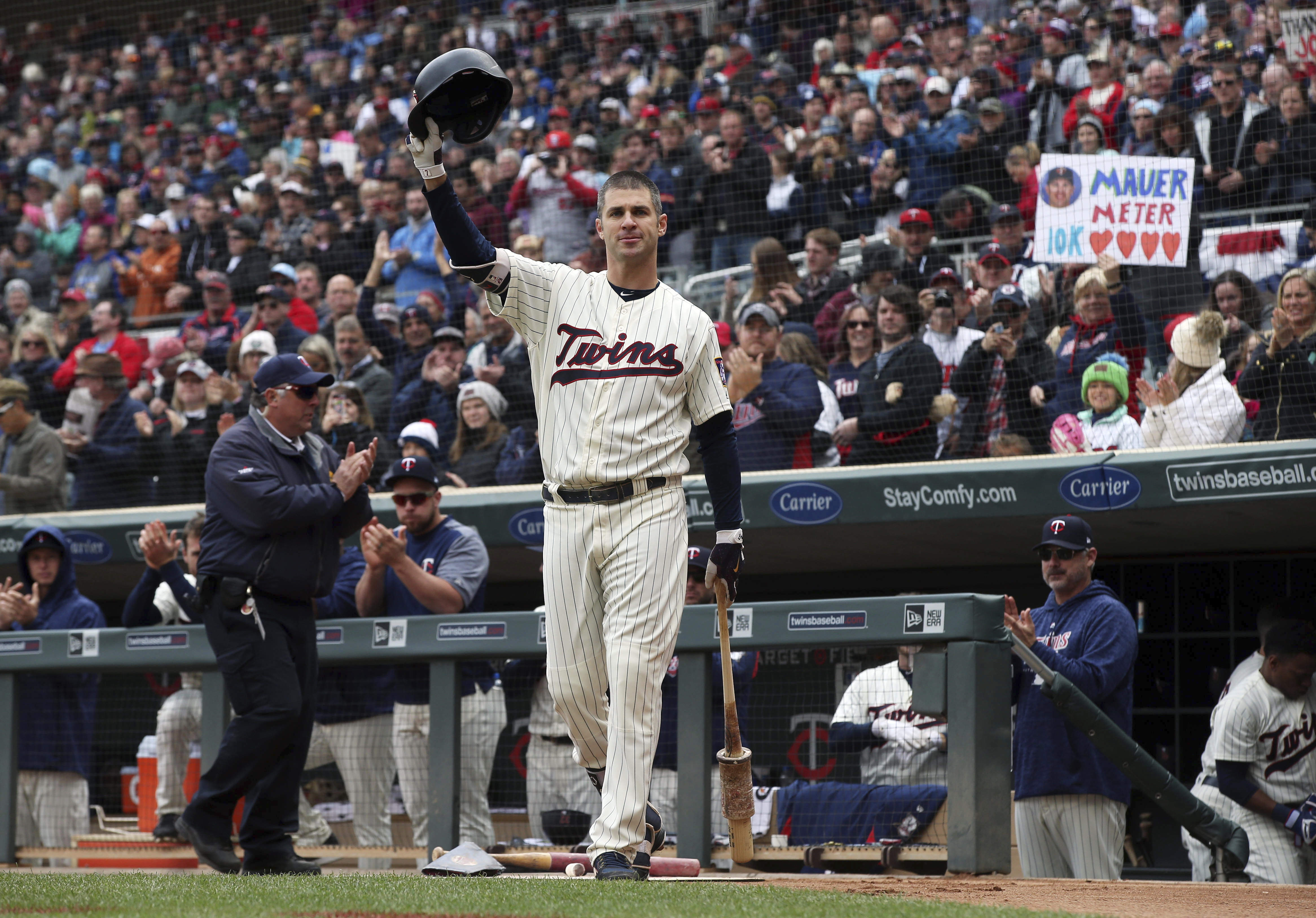 Mauer doubles, catches in emotional likely finale with Twins