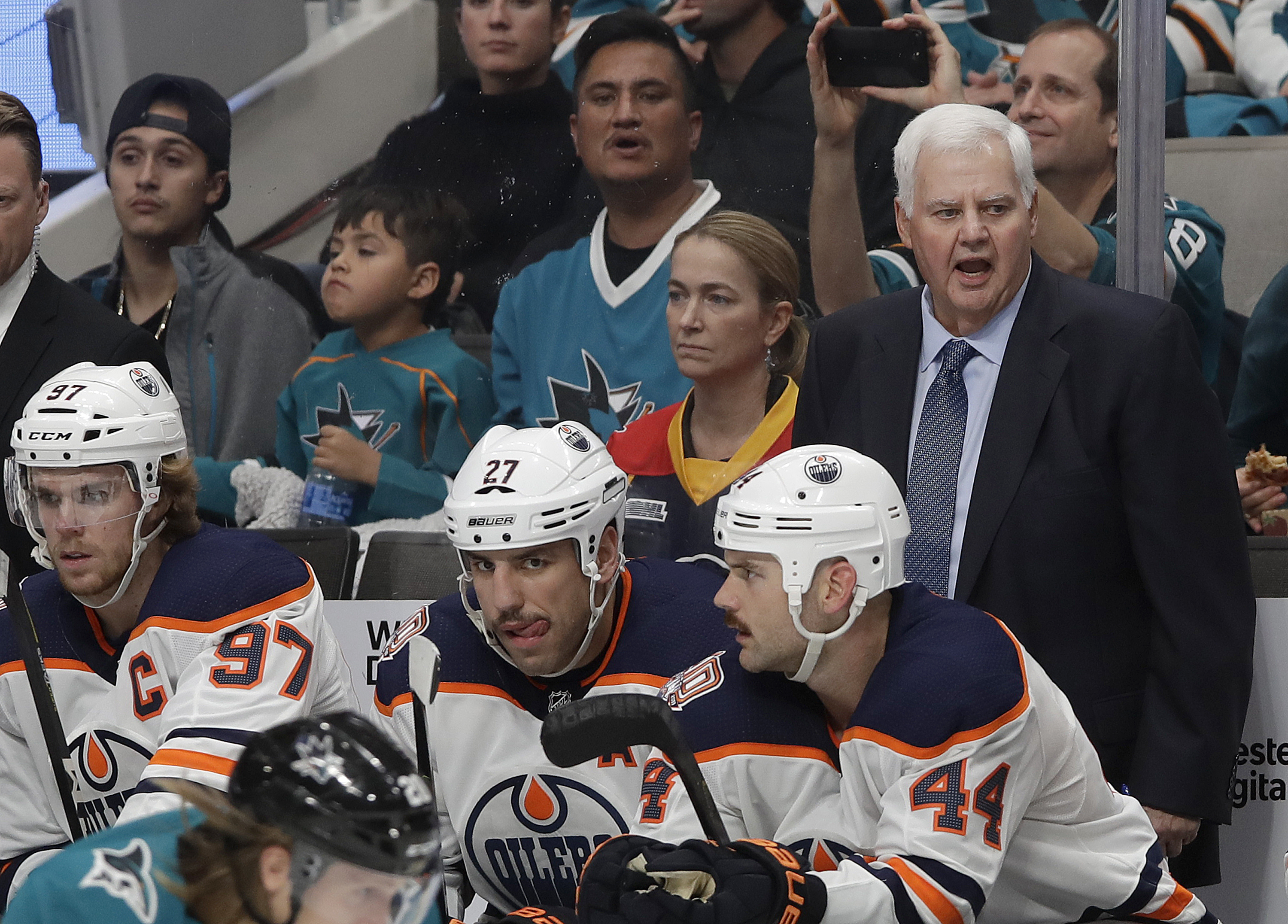 Oilers top Sharks 4-3 in OT in Hitchcock’s 1st game as coach