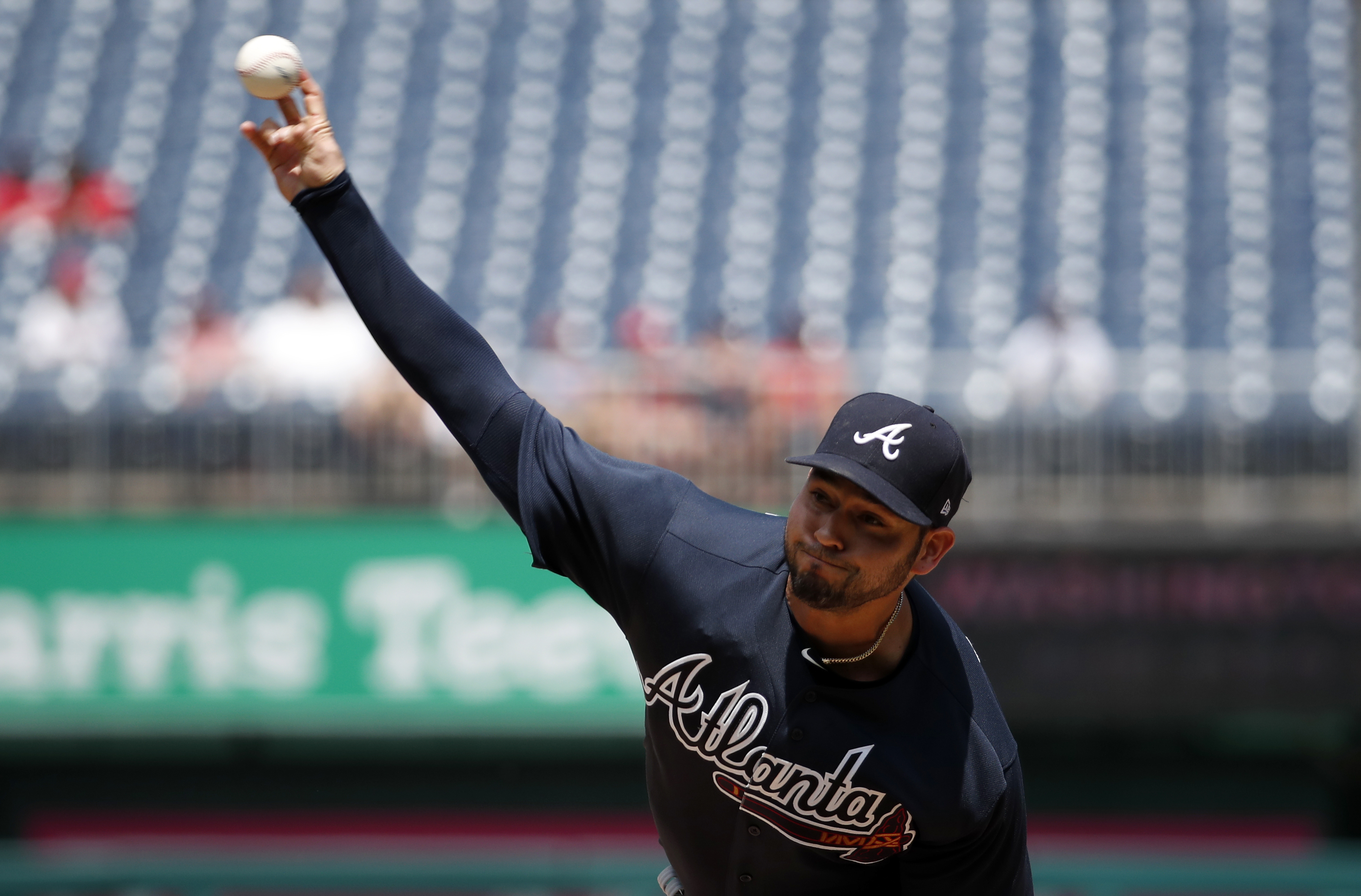 Braves starter Sanchez hit by ball, leaves with calf bruise