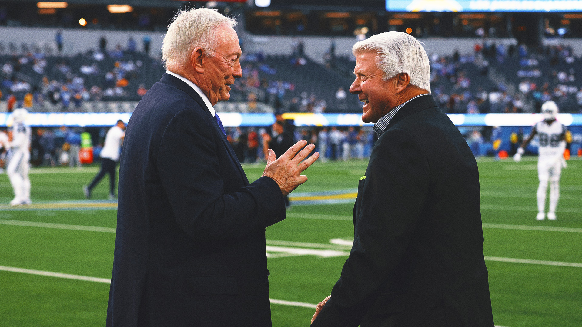 Jimmy Johnson embraces Jerry Jones, Michael Irvin during Cowboys' win over Chargers