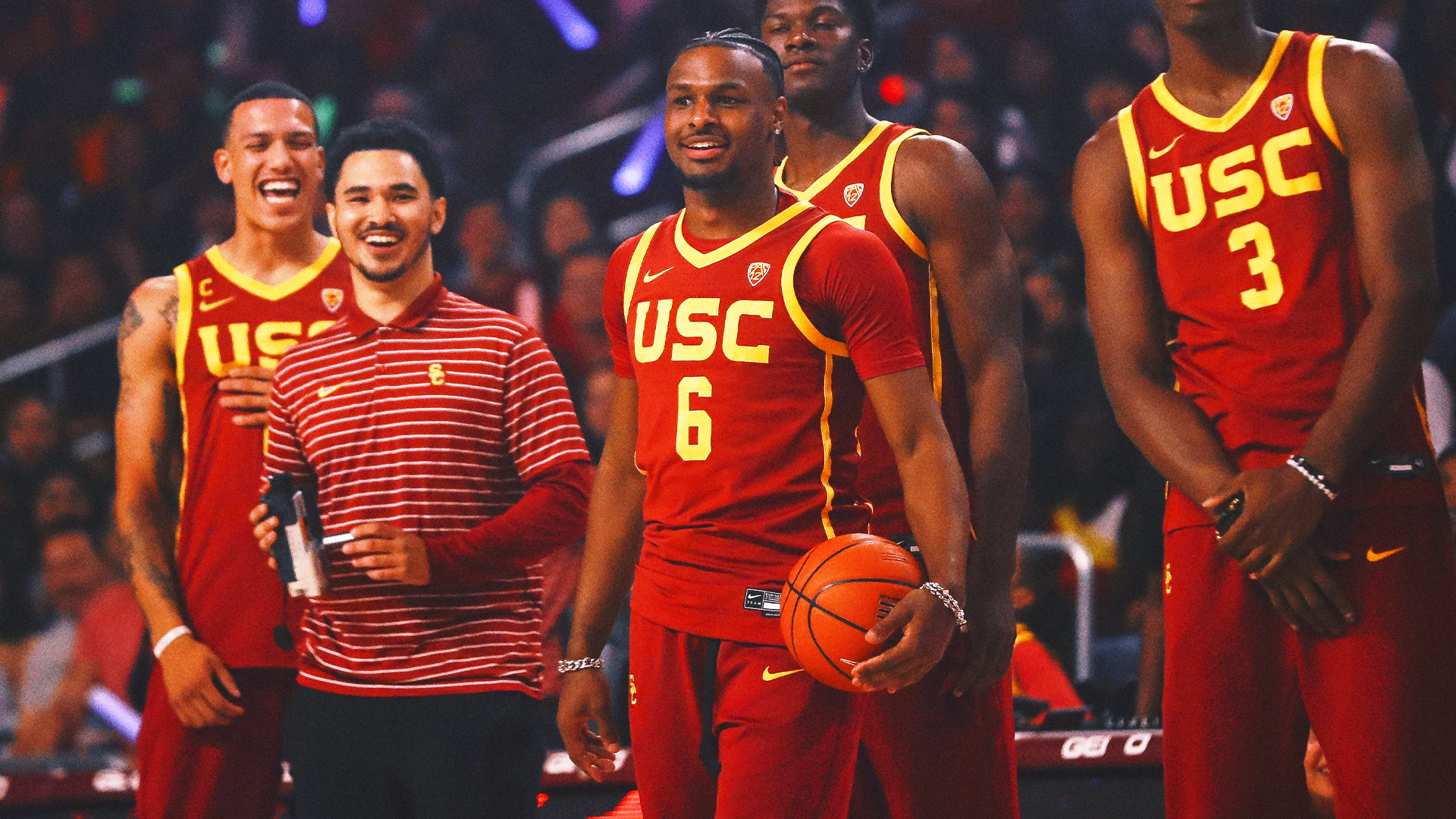 Bronny James warms up before USC game for first time this season